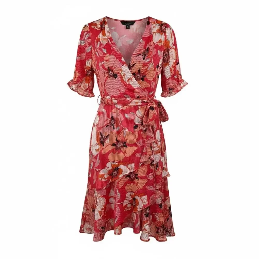 Tahari ASL Pink Floral Ruffle Hem Dress V-Neck Tie Waist Bridal Shower 2 NWT - Picture 2 of 16